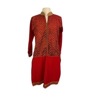 Care Well Asian Red Gold Geometric Brocade Long Sleeve Top Tunic Dress Ethnic M